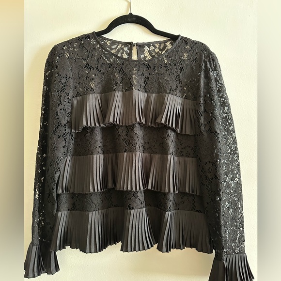 J. Crew Pleated Lace Ruffle Blouse Black NWT - Picture 2 of 6